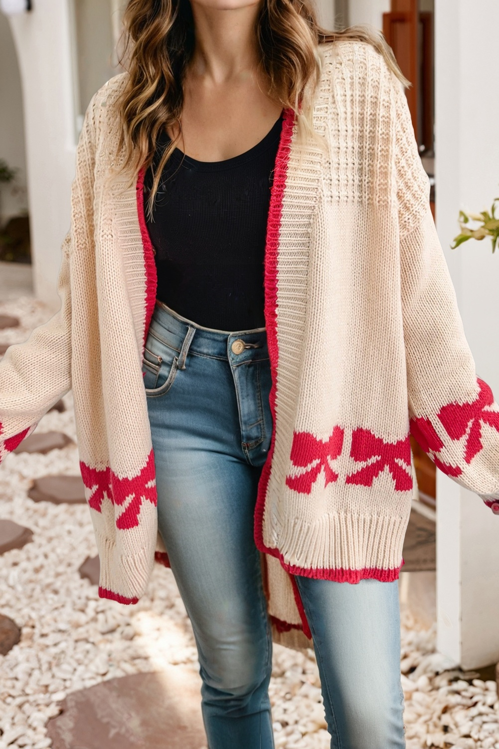 Bow Pattern Textured Open Front Baggy Cardigan